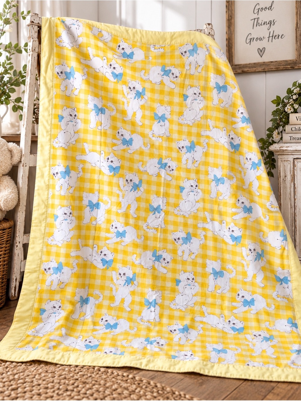Vintage Kitty Cat Baby Quilt Yellow Gingham Blue Bow Kittens Retro Nursery Blank